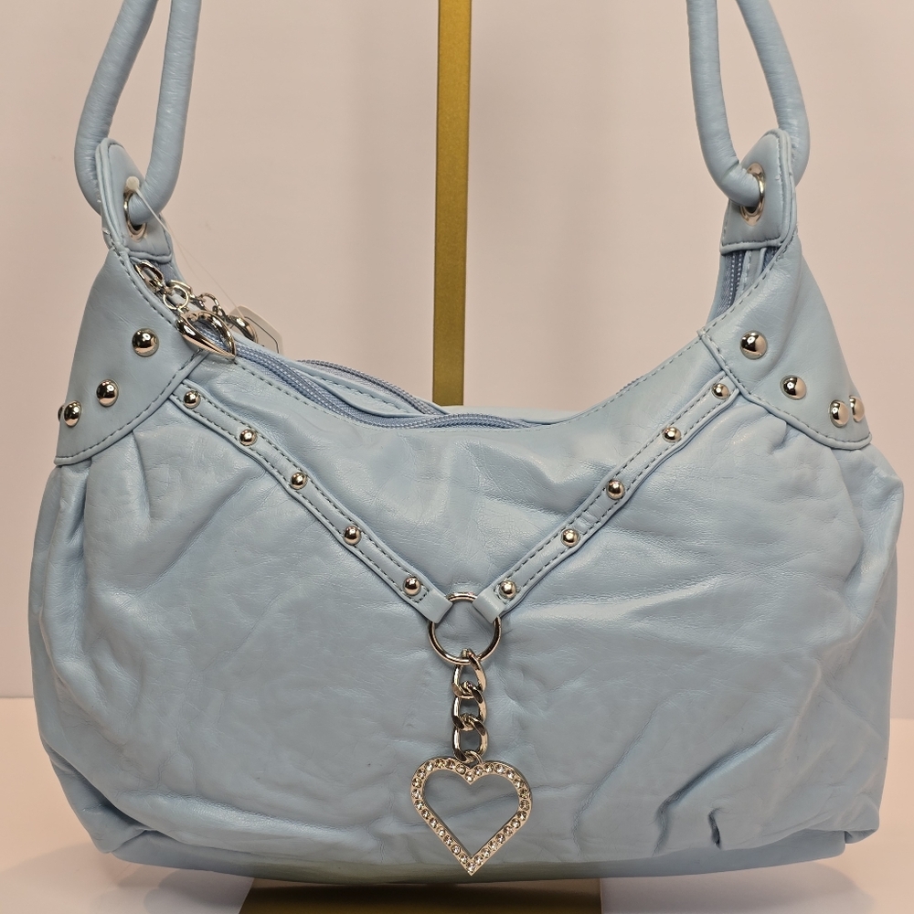 Light Blue Vegan Leather Silver Heart Accent Studded Handbag Purse Shoulder Bag